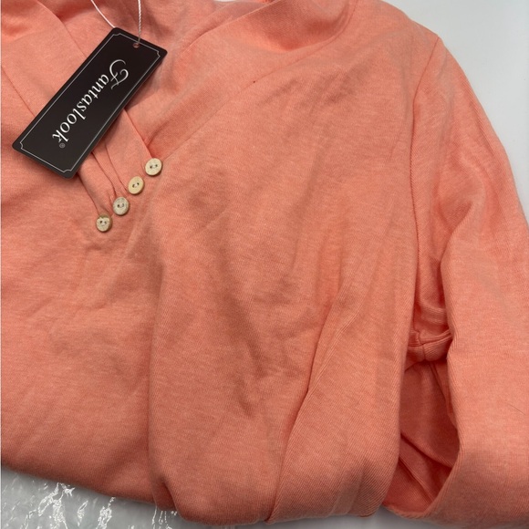 Women's Coral V-Neck Long Sleeve Top with Button Trim - Picture 5 of 6